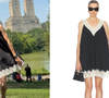 O vestido usado por Camila Queiroz foi identificado pelo Purepeople como o Mini Dress With Lace in Tech Poplin, da Helsa, disponível no site Revolve por R$ 1.412,55