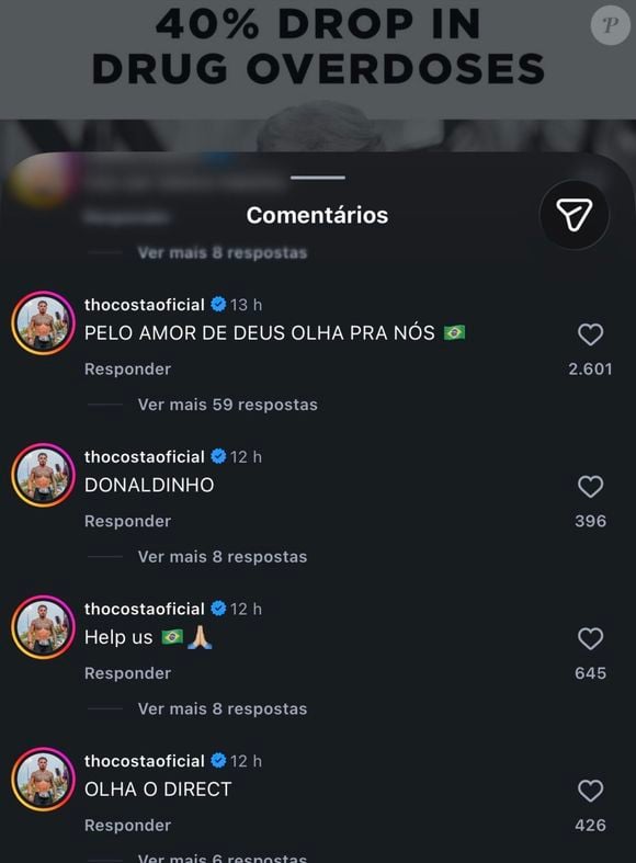"Olha o direct" e "Preciso falar com você", comentou Thomaz Costa na publicação, chamando o presidente dos EUA de "Donaldinho"