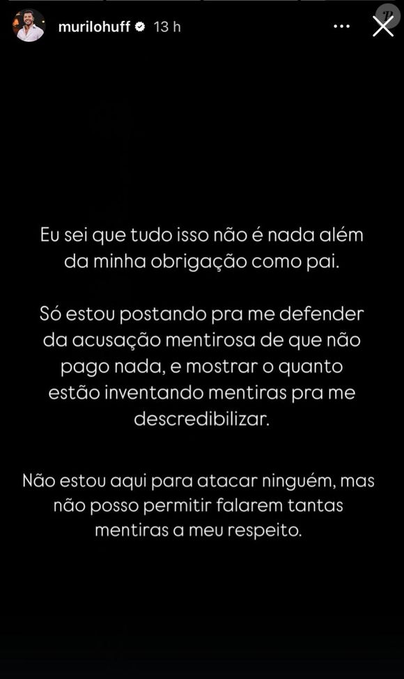 Murilo Huff se manifestou nos stories na última terça-feira (24), a respeito das despesas que custeia ao filho.