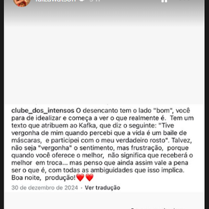 Luiza Watson postou: ‘O desencanto tem o lado ‘bom’. Você para de idealizar e começa a ver o que realmente é’