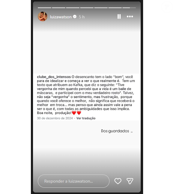 Luiza Watson postou: ‘O desencanto tem o lado ‘bom’. Você para de idealizar e começa a ver o que realmente é’