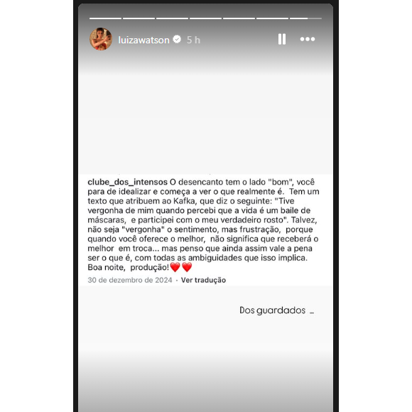 Luiza Watson postou: ‘O desencanto tem o lado ‘bom’. Você para de idealizar e começa a ver o que realmente é’