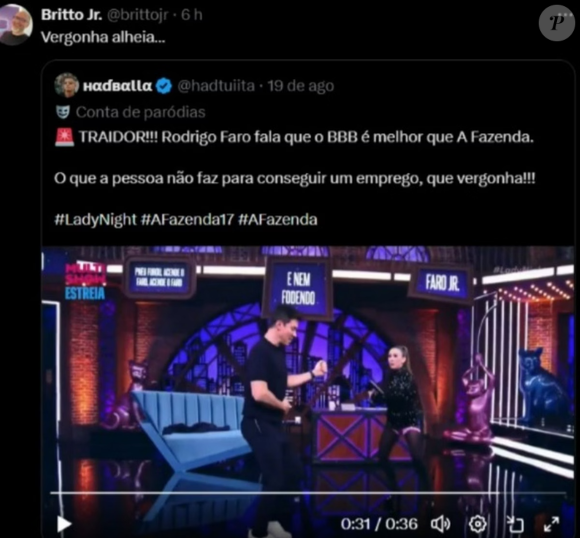 Britto Jr, que já apresentou 'A Fazenda', detona Rodrigo Faro no X, antigo Twitter