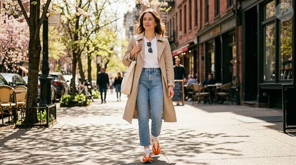 Uma calça jeans de corte reto, uma camiseta branca e o New Balance 471 Laranja formam uma combinação casual na qual o tênis ganha destaque. A proposta é apostar em peças básicas para valorizar a tonalidade do calçado sem deixar o visual carregado
