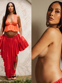 Grávida e poderosa! Sabrina Sato faz topless, exibe barrigão e surge com top laranja e saia vermelha de quase R$ 30 mil; veja fotos