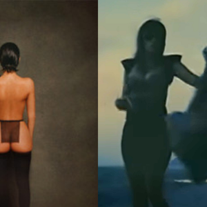 A esquerda da imagem capa do album Vultures 1 (2024) a direita imagem do clipe Flashing Lights, do Kanye West (2008).