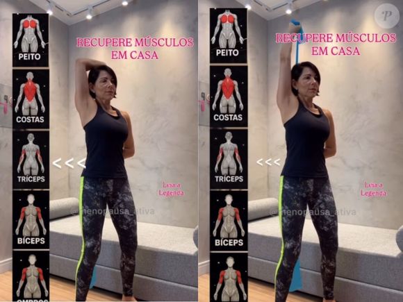 Exercício para os tríceps: segure uma ponta com o braço atrás da cabeça e a outra com o braço atrás da lombar. Puxe as extremidades para cima e para baixo