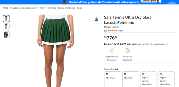 Rafaella Justus apareceu com uma saia verde Ultra Dry da Lacoste, com cintura elástica para ajustes