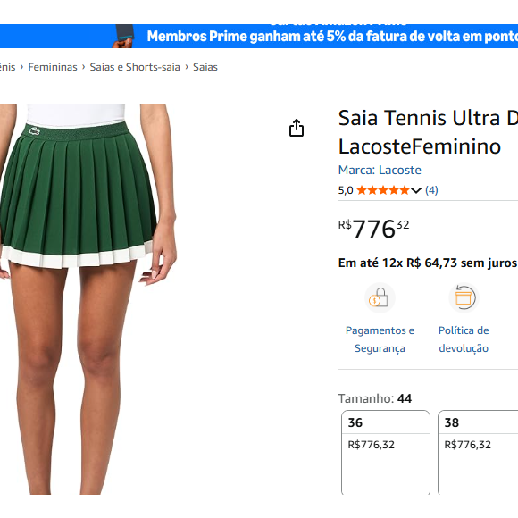 Rafaella Justus apareceu com uma saia verde Ultra Dry da Lacoste, com cintura elástica para ajustes