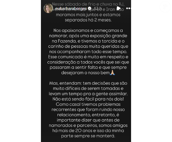 Barbara Borges faz anúncio de fim com Iran Malfitano no Instagram em 5 de setembro de 2026