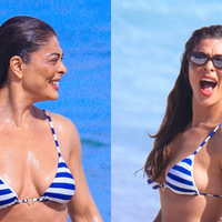Juliana Paes ostenta barriga sarada em biquíni listrado e curte dia de praia com o marido; fotos