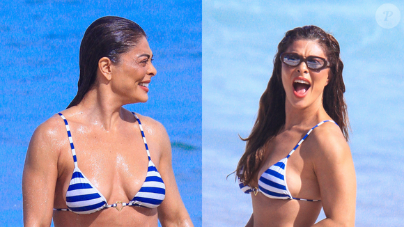 Juliana Paes ostenta barriga sarada em biquíni listrado e curte dia de praia com o marido; fotos