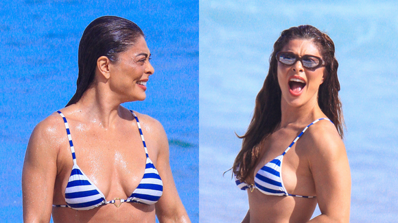Juliana Paes ostenta barriga sarada em biquíni listrado e curte dia de praia com o marido; fotos
