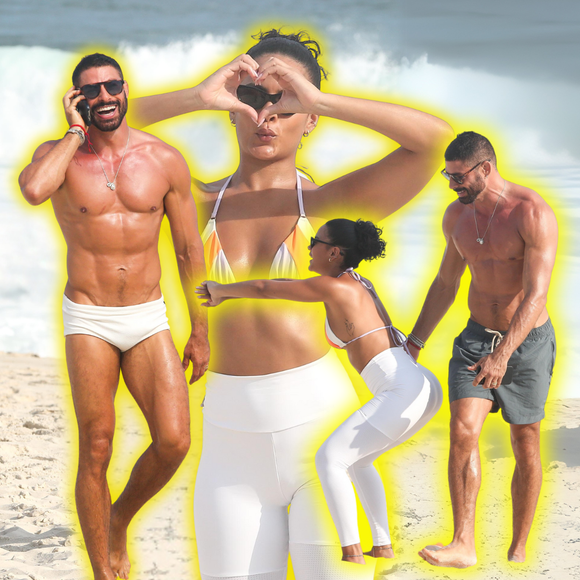 'Vale Tudo' na praia: Maria de Fátima no remake da Globo, Bella Campos combina legging branca e biquíni em gravação com Cauã Reymond
