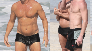 Genética boa! Aos 63 anos, Marcello Novaes exibe abdômen definido de sunga cavada em praia com o filho Pedro Novaes; fotos