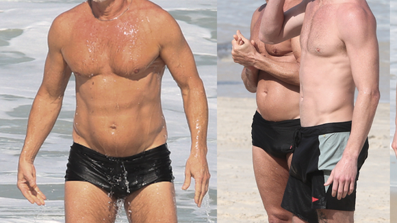 Genética boa! Aos 63 anos, Marcello Novaes exibe abdômen definido de sunga cavada em praia com o filho Pedro Novaes; fotos