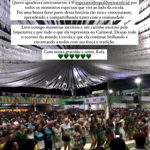Rafa Kalimann compartilhou post após ter sua saída do carnaval 2025 revelada pela Imperatriz