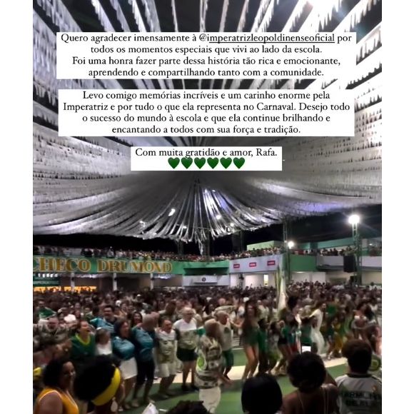 Rafa Kalimann compartilhou post após ter sua saída do carnaval 2025 revelada pela Imperatriz