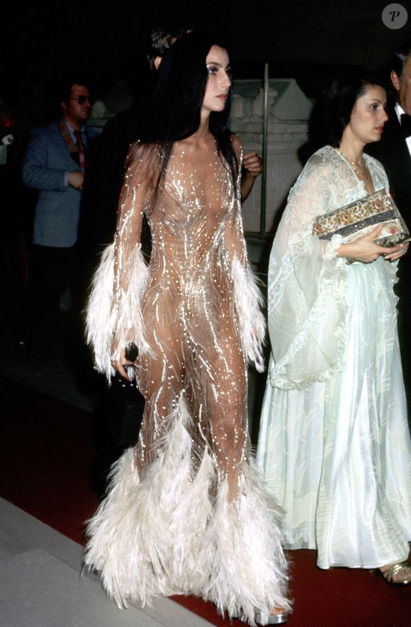 MET Gala: em 1974, Cher deslumbrou com um vestido transparente adornado com penas e lantejoulas, estabelecendo um padrão para ousadia e glamour no tapete vermelho.