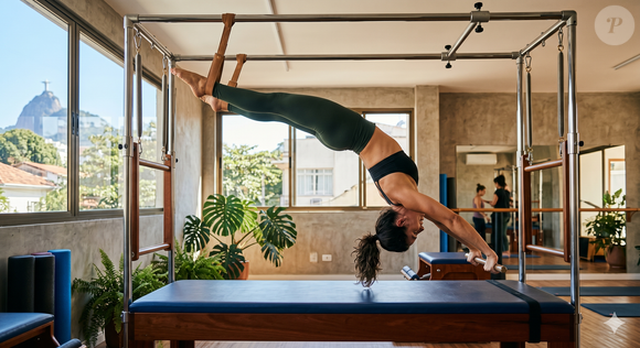 Mulher praticando pilates no aparelho chamado de Trapézio
