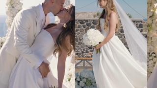 Vestido de noiva princesa tomara que caia, véu longo e buquê branco: Isabella Rousso se casa com Gabriel Martinelli em cerimônia intimista para 40 convidados em Santorini; fotos