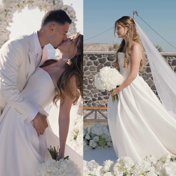 Vestido de noiva princesa tomara que caia, véu longo e buquê branco: Isabella Rousso se casa com Gabriel Martinelli em cerimônia intimista para 40 convidados em Santorini; fotos
