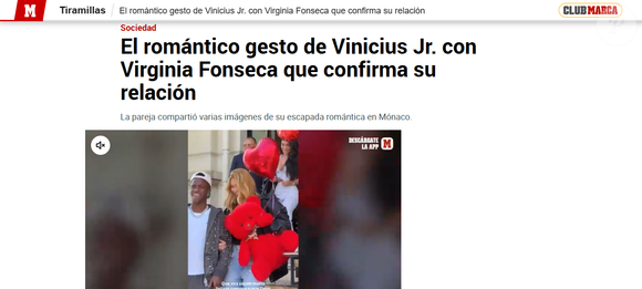 ‘Gesto romântico de Vinicius Jr. com Virginia Fonseca confirma relacionamento’, diz manchete do portal Marca