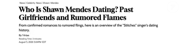 O Hollywood Life abordou o assunto por outro ângulo. Em uma retrospectiva sobre os relacionamentos de Shawn Mendes, o site incluiu Bruna entre os romances confirmados do cantor, contextualizando como o relacionamento se tornou público após meses de especulações