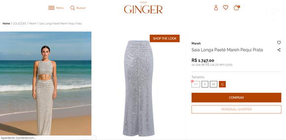 Saia da grife de Marina Ruy Barbosa, usada por Carolina Dieckmmann em aniversário, está disponível por R$ 1.747,00