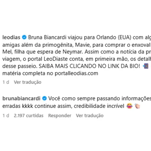 Bruna Biancardi negou as informações de Leo Dias: ‘Você como sempre passando informações erradas. Continue assim, credibilidade incrível’
