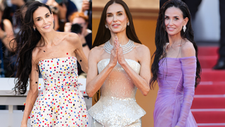 Vestidos de Demi Moore em Cannes: transparência esvoaçante, poá divertido e peplum de paetês marcam os looks da atriz de 63 anos na Riviera Francesa; veja
