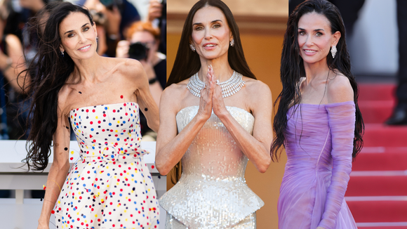 Vestidos de Demi Moore em Cannes: transparência esvoaçante, poá divertido e peplum de paetês marcam os looks da atriz de 63 anos na Riviera Francesa; veja