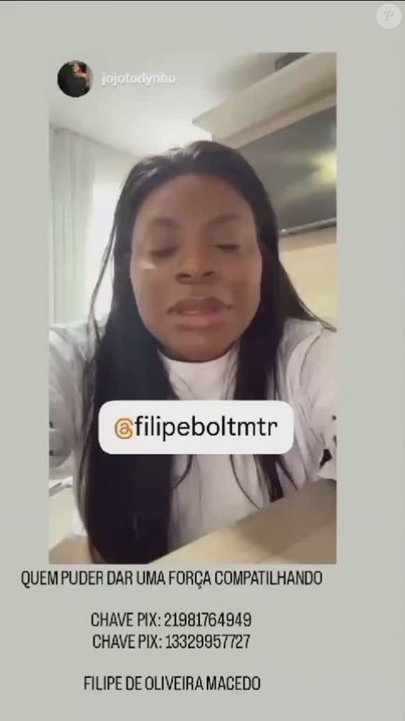 Jojo Todynho publicou um vídeo onde pede doações para custear o tratamento de Filipe. Ela diz que já fez sua contribuição e convoca os seguidores a fazerem o mesmo