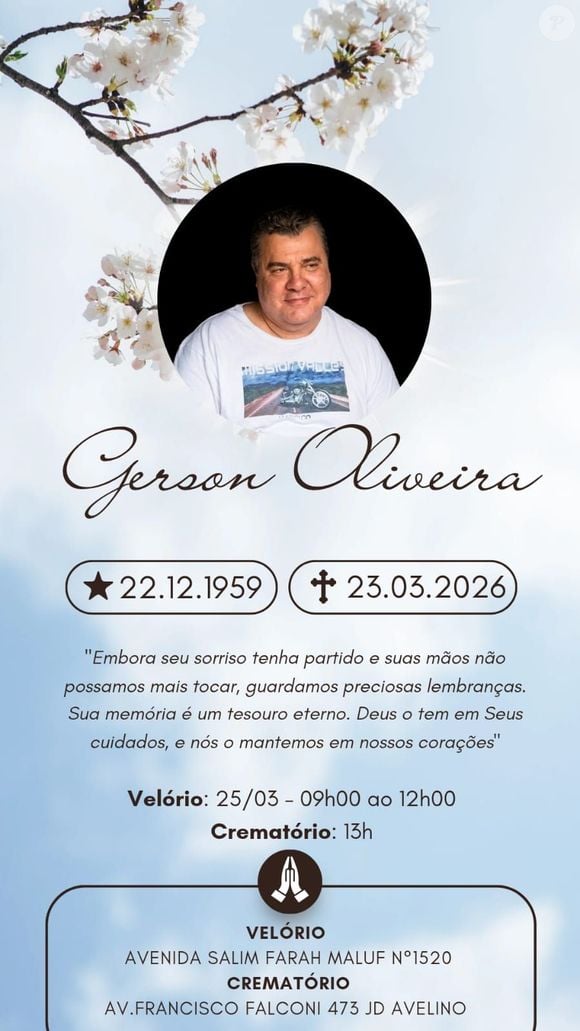 De acordo com familiares do artista, o velório do artista será realizado das 9h às 12h desta quarta-feira (25/3), na avenida Salim Farah Maluf, 1520, em São Paulo. Já a cerimônia de cremação de Gerson Brenner ocorre às 13h, na avenida Francisco Falconi, 473, também na capital paulista