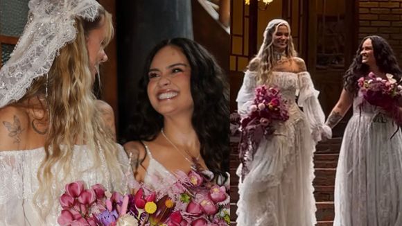 Vestidas de noivas, Marcela Mc Gowan e Luiza Martins entram juntas em casamento com temática mística. Veja fotos!