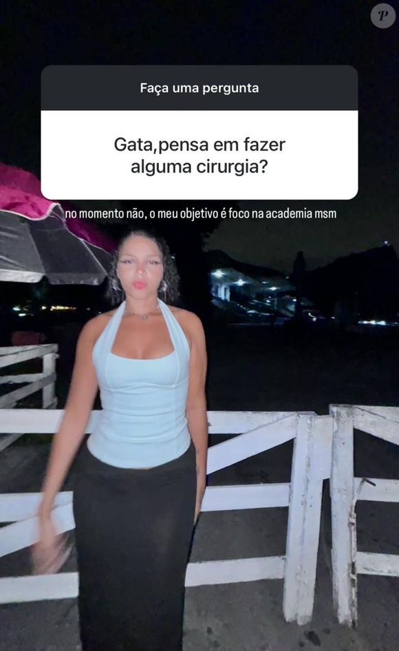 Nesta quinta-feira (16), Aysha Benelli abriu uma caixinha de perguntas para os internautas em seu perfil no Instagram. Ela afirmou que no momento não pensa em fazer cirurgias plásticas.