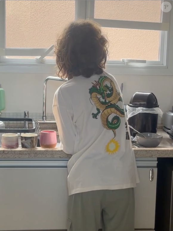 Hoje com 12 anos, Theo apareceu lavando louça e impressionou tanto pelo seu tamanho quanto pela atitude