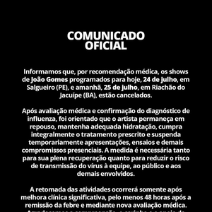 O cantor João Gomes recebeu diagnóstico de influenza, foi internado e teve dois shows cancelados por recomendação médica. Entenda
