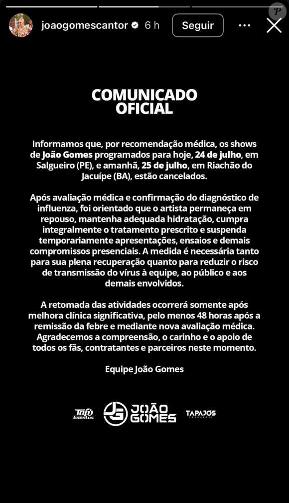 O cantor João Gomes recebeu diagnóstico de influenza, foi internado e teve dois shows cancelados por recomendação médica. Entenda