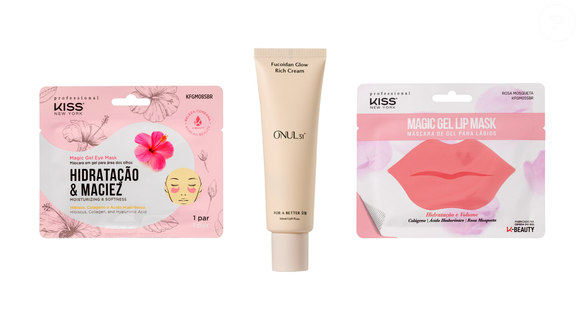 Entre as sugestões para preparar a pele estão a Máscara para Olhos Magic Gel e a Máscara para Lábios Magic Gel, da Kiss New York, além do Fucoidan Onul31º Glow Rich Cream, da Osang Cosmetic