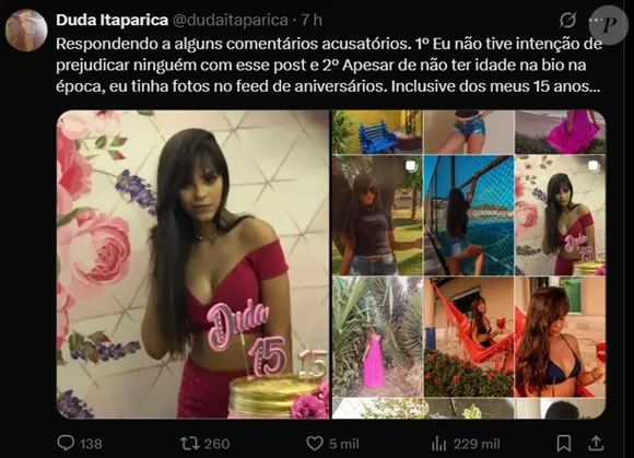 Ao rebater comentários, a internauta destacou que havia provas em seu feed de que era menor de idade