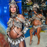 Aos 45 anos e grávida de 8 meses, Sabrina Sato quebra TU-DO no samba da Vila Isabel com barrigão à mostra e look de búzios, franjas e penas; veja 29 fotos