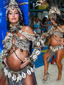 Aos 45 anos e grávida de 8 meses, Sabrina Sato quebra TU-DO no samba da Vila Isabel com barrigão à mostra e look de búzios, franjas e penas; veja 29 fotos