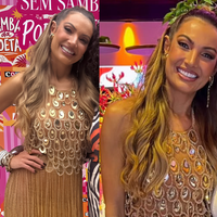 Dourado, pedrarias e franjas: look exclusivo de Patrícia Poeta levou 40 dias de trabalho artesanal para festa de 50 anos com samba, feijoada e famosos! Aos detalhes