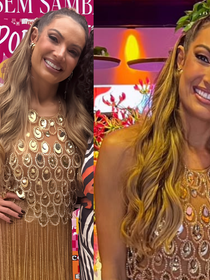 Dourado, pedrarias e franjas: look exclusivo de Patrícia Poeta levou 40 dias de trabalho artesanal para festa de 50 anos com samba, feijoada e famosos! Aos detalhes