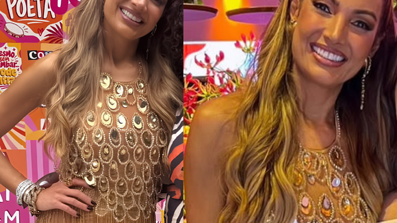 Dourado, pedrarias e franjas: look exclusivo de Patrícia Poeta levou 40 dias de trabalho artesanal para festa de 50 anos com samba, feijoada e famosos! Aos detalhes