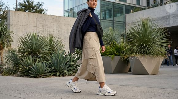 Saias longas, polo e bermudas jeans: o New Balance 9060 se adapta a combinações que vão do casual ao sofisticado