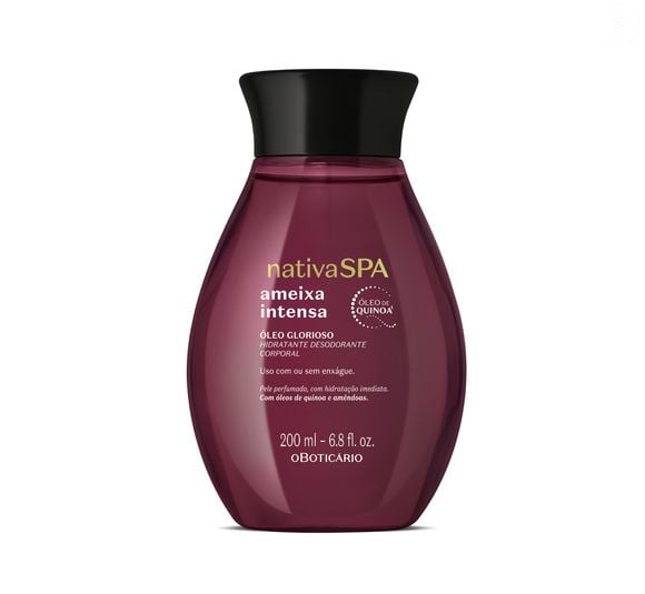 O Óleo Glorioso Hidratante Desodorante Corporal Nativa SPA Ameixa Intensa combina óleos de quinoa e amêndoas para proporcionar hidratação e maciez, além de reforçar a perfumação da linha. R$ 84,90