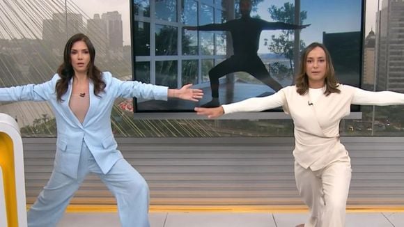 'Relaxando? Tá doendo tudo!': Sabina Simonato arrisca postura do guerreiro em aula de ioga ao vivo na Globo e tem a reação mais sincera possível