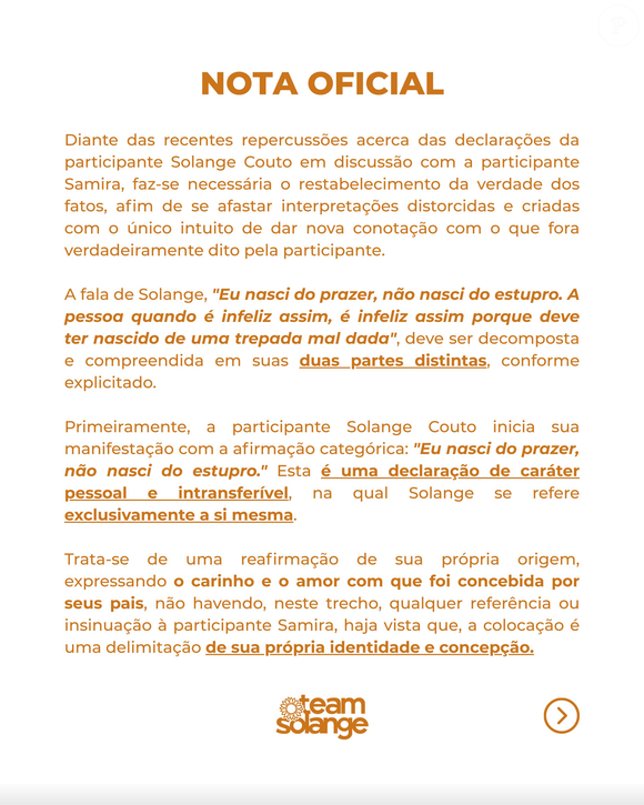 Em nota oficial da equipe de Solange, administradores defenderam atriz e tentaram explicar a frase por meio da Língua Portuguesa